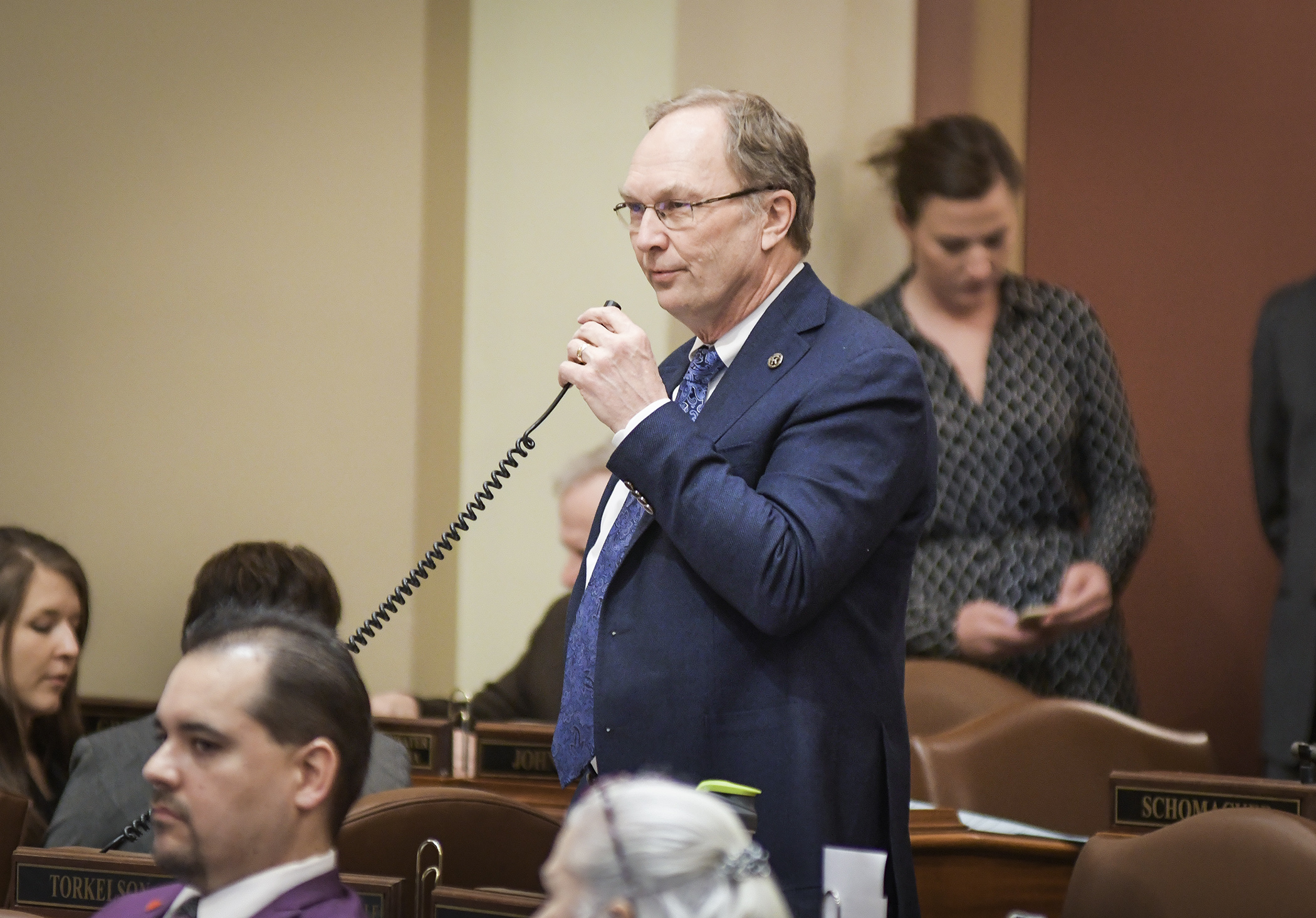 Rep. Paul Torkelson debates a motion to suspend the rules to allow second and third reading for HF3272. Photo by Andrew VonBank